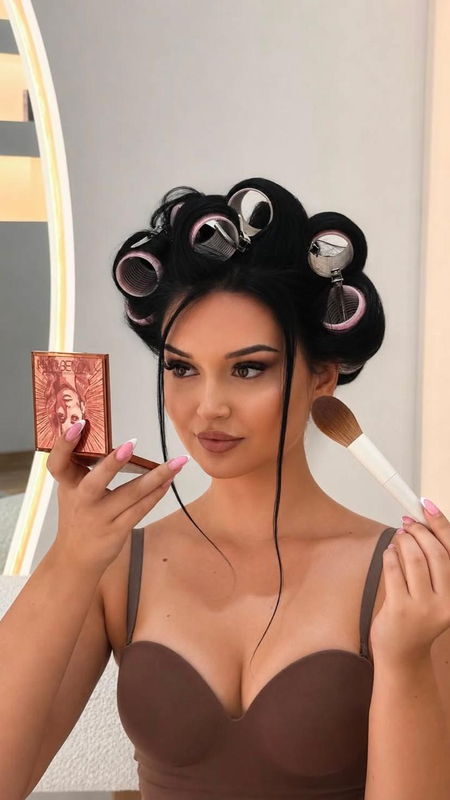 Përgatitje me bigudi dhe make-up profesional para një eventi në studio
